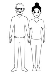 Family father with adult daughter cartoon in black and white