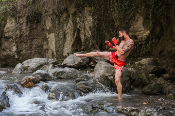 Young man doing boxing workout in nature