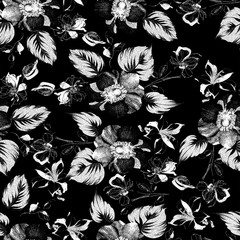 beautiful flower seamless pattern with branches and leaves black and white