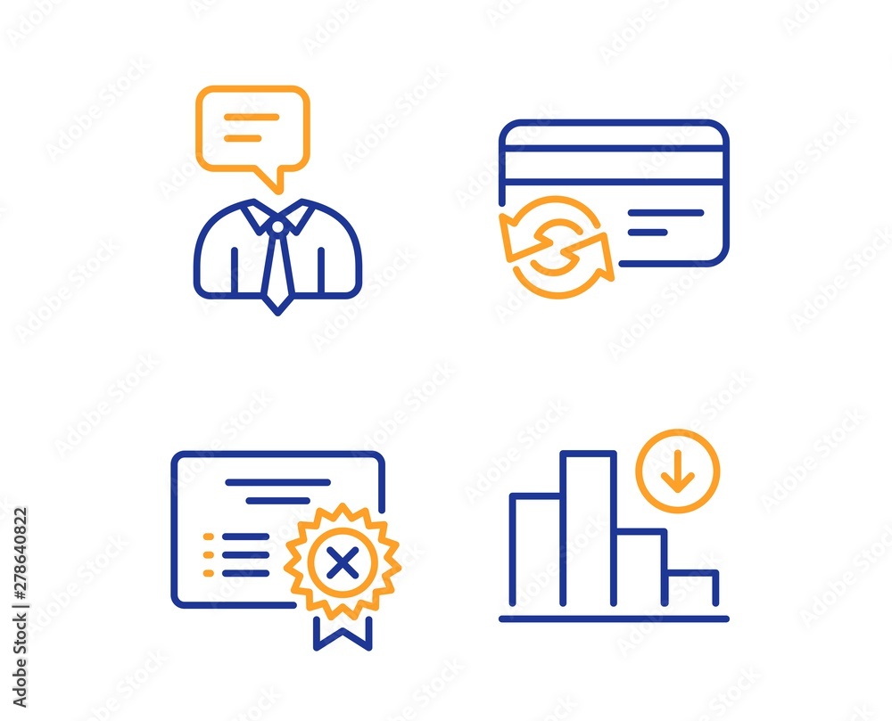 Poster support service, reject certificate and change card icons simple set. decreasing graph sign. human t