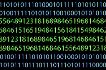 Blue binary code and random green numbers isolated on black. Closeup photography with visible pixels. Computer screen hacker background.