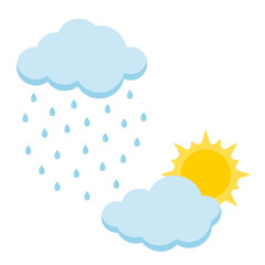 Set of cartoon style icon sun and rain with cloud isolated on white background.