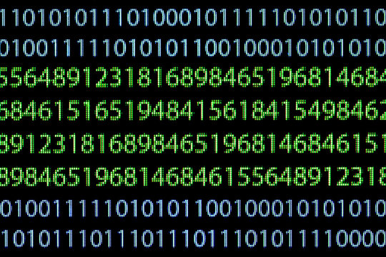 Blue binary code and random green numbers isolated on black. Closeup photography with visible pixels. Computer screen hacker background.