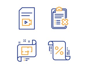 Video file, Reject checklist and Architectural plan icons simple set. Loan percent sign. Vlog page, Decline file, Technical project. Discount blueprint. Business set. Linear video file icon. Vector