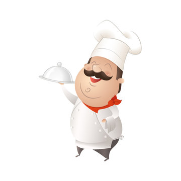 Cute Chef With Silver Platter Isolated On White Background