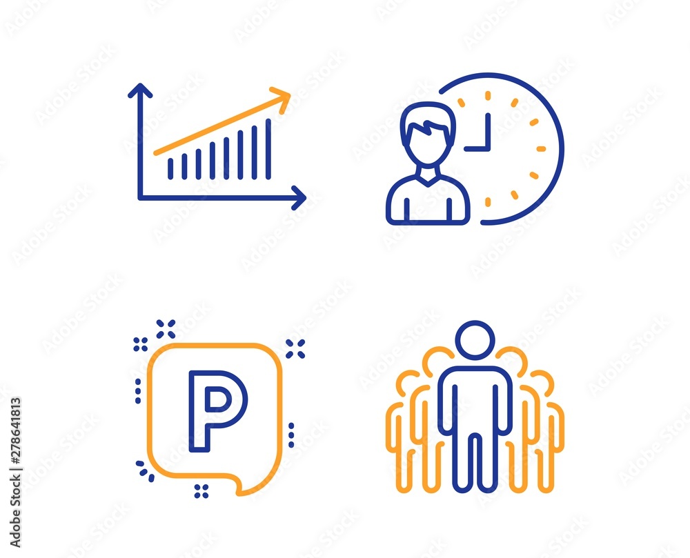 Poster working hours, chart and parking icons simple set. group sign. project deadline, presentation chart,