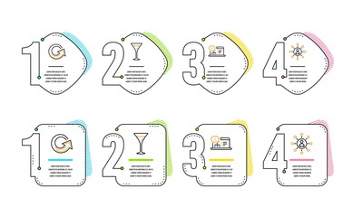 Reload, Online documentation and Martini glass icons simple set. Networking sign. Update, Web engineering, Wine. Business communication. Business set. Infographic timeline. Line reload icon. Vector