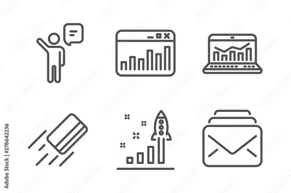 Poster marketing statistics, development plan and agent icons simple set. web analytics, credit card and ma