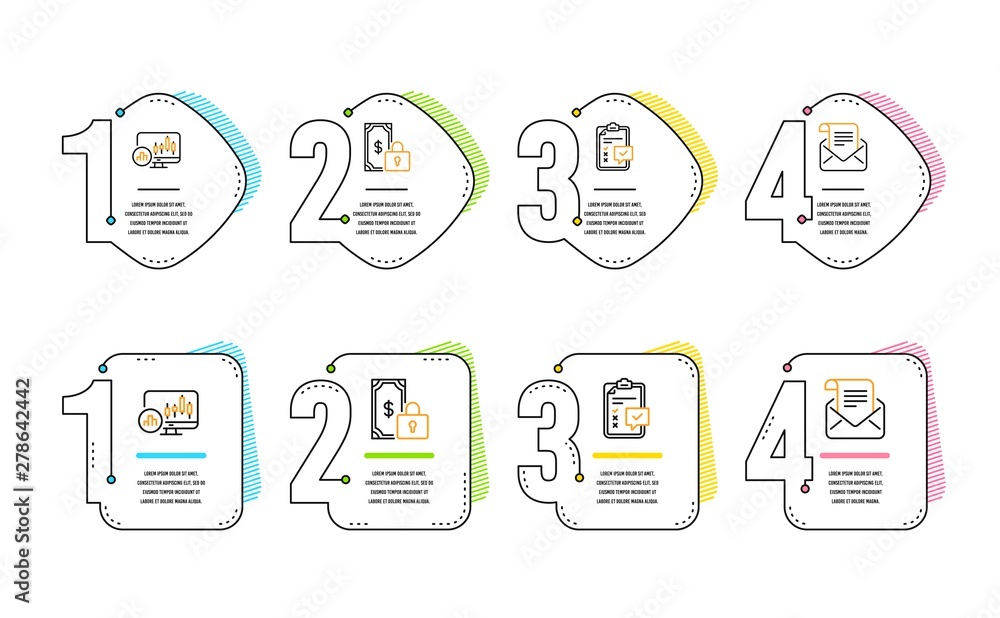 Poster private payment, checklist and candlestick chart icons simple set. mail newsletter sign. secure fina