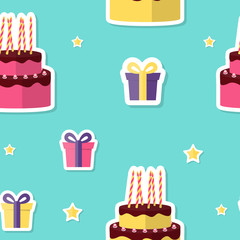 Happy Birthday Seamless Pattern Background with Cake and Gift Box. Vector Illustration