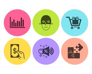 Shopping cart, Receive money and Sale megaphone icons simple set. Bar diagram, Face recognition and Puzzle signs. Gift box, Cash payment. Business set. Flat shopping cart icon. Circle button. Vector