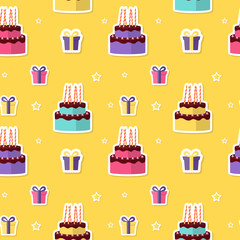 Happy Birthday Seamless Pattern Background with Cake and Gift Box. Vector Illustration