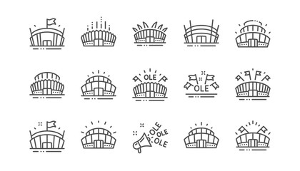 Sports stadium line icons. Ole chant, arena football, championship architecture. Arena stadium, sports competition, event flag icons. Sport complex linear set. Vector