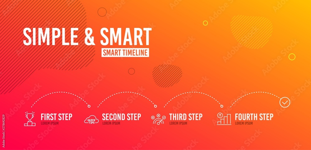 Poster infographic timeline. quick tips, winner podium and correct answer icons simple set. graph chart sig