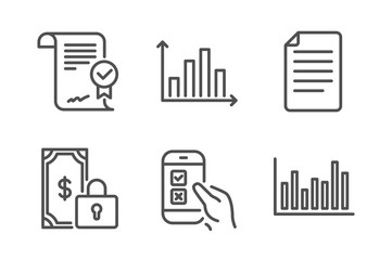 File, Diagram graph and Approved agreement icons simple set. Mobile survey, Private payment and Bar diagram signs. Paper page, Presentation chart. Education set. Line file icon. Editable stroke