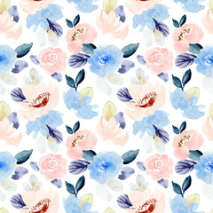 pastel pink blue floral watercolor seamless pattern