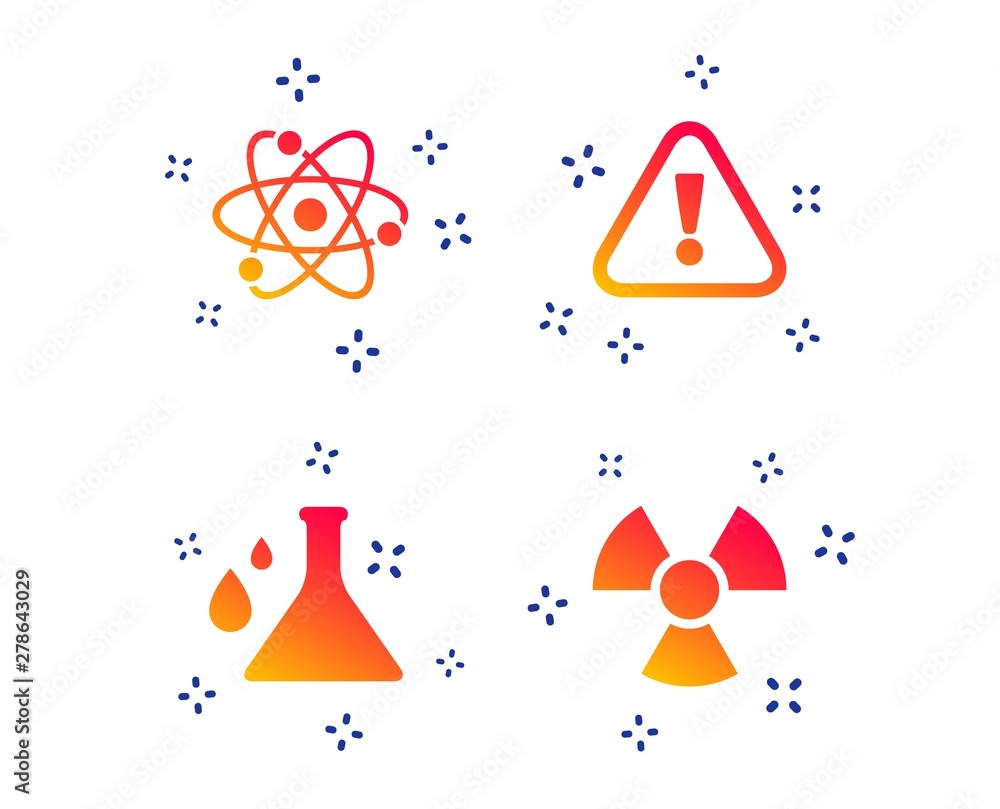 Poster attention and radiation icons. chemistry flask sign. atom symbol. random dynamic shapes. gradient at