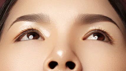 Close-up of Beautiful Asian Female Eye with Perfect Shape Eyebrows. Clean skin, Fashion Naturel...