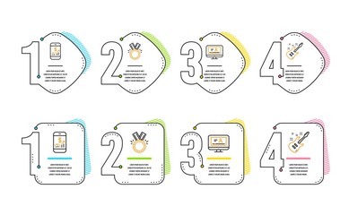 Online video, Mobile finance and Honor icons simple set. Electric guitar sign. Video exam, Phone accounting, Medal. Musical instrument. Education set. Infographic timeline. Line online video icon