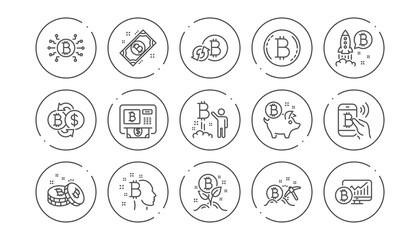 Bitcoin line icons. Blockchain, Crypto ICO and Cryptocurrency. Mining linear icon set. Line buttons with icon. Editable stroke. Vector