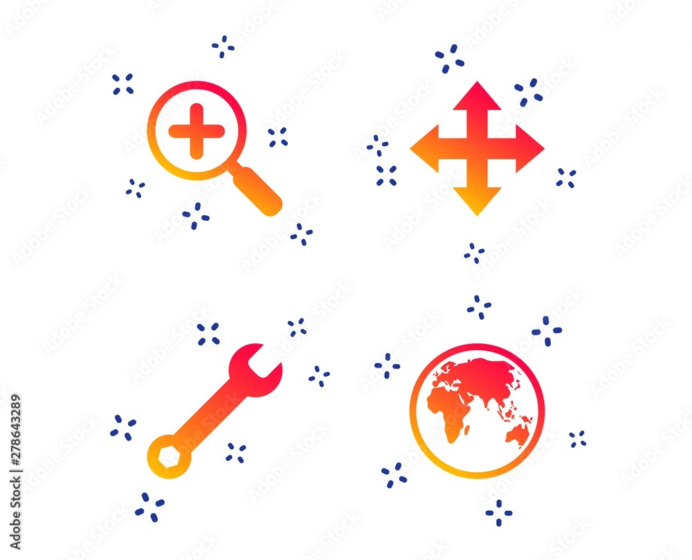 Poster magnifier glass and globe search icons. fullscreen arrows and wrench key repair sign symbols. random