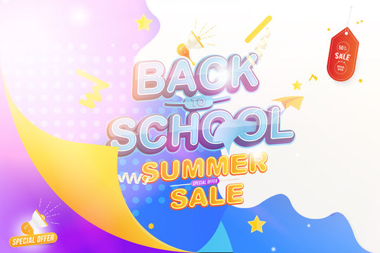 Banner Back to School. Summer Sale 50% Text effect with a paper airplane and a loudspeaker. Festive poster on the background with light effects. Flat Vector Illustration EPS10