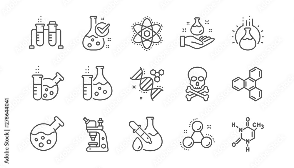 Wall mural chemistry lab line icons. chemical formula, microscope and medical analysis. laboratory test flask, 