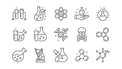 Chemistry lab line icons. Chemical formula, Microscope and Medical analysis. Laboratory test flask, reaction tube, chemistry lab icons. Linear set. Vector