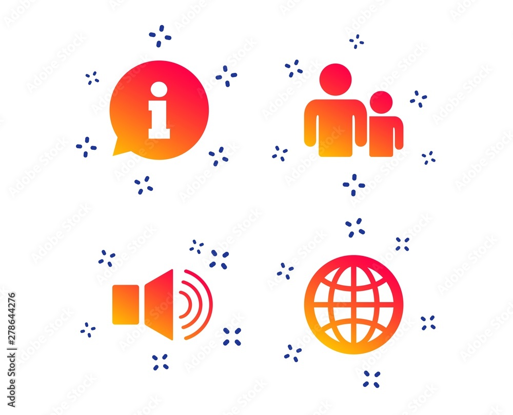 Poster information sign. group of people and speaker volume symbols. internet globe sign. communication ico