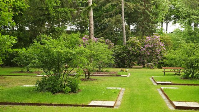 Beautiful, well-groomed, old cemetery with various monuments, family graves, benches, trees in Europe. Wide angle, prores, slow motion