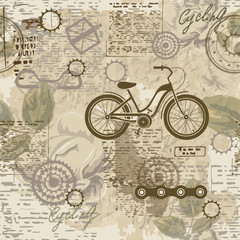 Bicycle on the grunge background of the texture of the old newspaper.