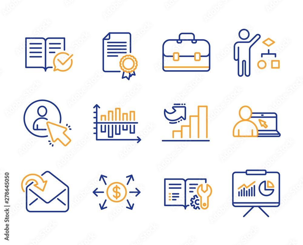 Poster receive mail, dollar exchange and engineering documentation icons simple set. growth chart, certific