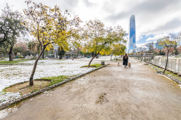 Amazing views of Santiago de Chile city during the 15th July 2017 snowfall, the biggest snowfall in Santiago de Chile history in last decades.Snow fields at  Sculpture Park, Santiago, Chile

