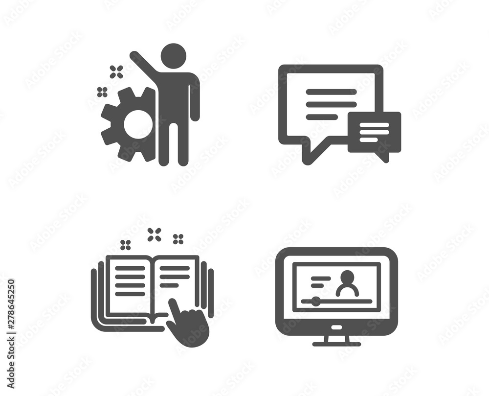 Poster set of technical documentation, employee and comment icons. online video sign. manual, cogwheel, tal