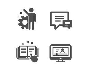 Set of Technical documentation, Employee and Comment icons. Online video sign. Manual, Cogwheel, Talk bubbles. Video exam.  Classic design technical documentation icon. Flat design. Vector