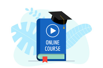 Online course with play video sign on blue cover book and graduation cap. Academy hat on e-learning education studying and internet teaching webinar concept. Vector flat illustration