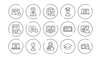 Education line icons. Book, Video tutorial and Instructions. Presentation linear icon set. Line buttons with icon. Editable stroke. Vector