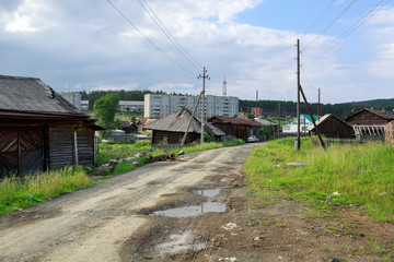 Fototapeta na wymiar Rickety residential houses. Settlement of Uralets, Sverdlovsk region, Russia.