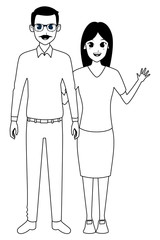 Family father with adult daughter cartoon in black and white