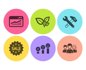 Sale, Leaves and Website statistics icons simple set. Customer satisfaction, Spanner tool and Teamwork signs. Shopping star, Grow plant. Business set. Flat sale icon. Circle button. Vector