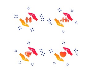 Hands insurance icons. Couple and family life insurance symbols. Heart health sign. Diamond jewelry symbol. Random dynamic shapes. Gradient insurance icon. Vector