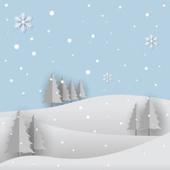 Pine in forest with snow in christmas and winter season, paper art and digital craft style.
