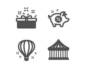 Set of Piggy sale, Air balloon and Present box icons. Carousels sign. Discounts, Sky travelling, Sale offer. Attraction park.  Classic design piggy sale icon. Flat design. Vector