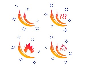 Obraz premium Hot chili pepper icons. Spicy food fire sign symbols. Random dynamic shapes. Gradient pepper icon. Vector