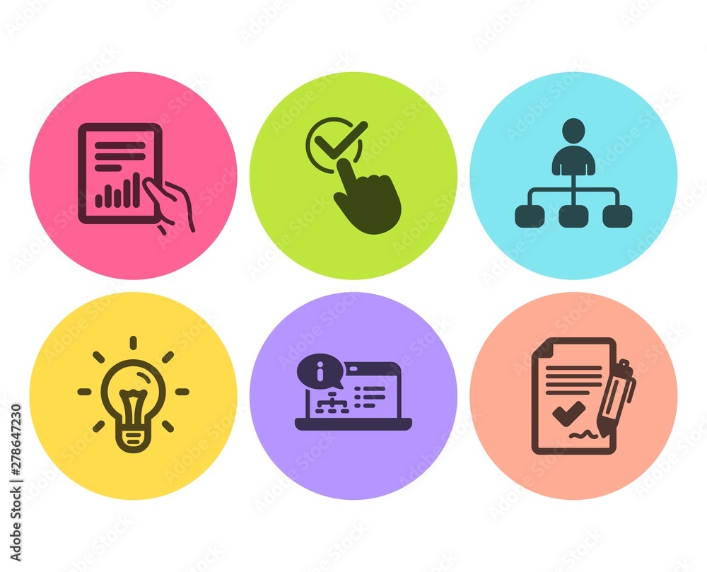 Poster checkbox, idea and document icons simple set. management, online documentation and approved agreemen