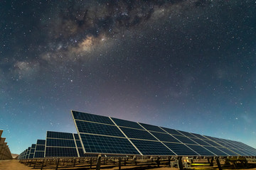 Solar Energy Panels view, a nice technology blue pattern at Atacama Desert arid lands. The solar...