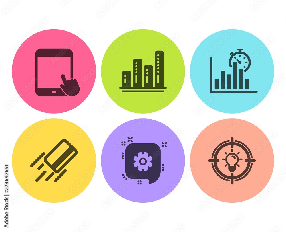 Poster cogwheel, graph chart and report timer icons simple set. tablet pc, credit card and idea signs. engi