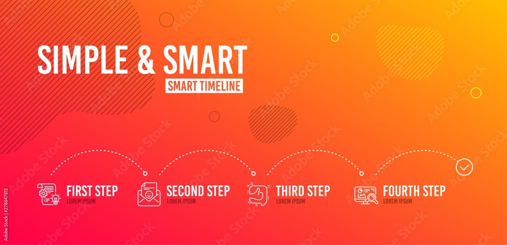 Poster infographic timeline. cogwheel, smile and like icons simple set. seo analytics sign. idea bulb, posi