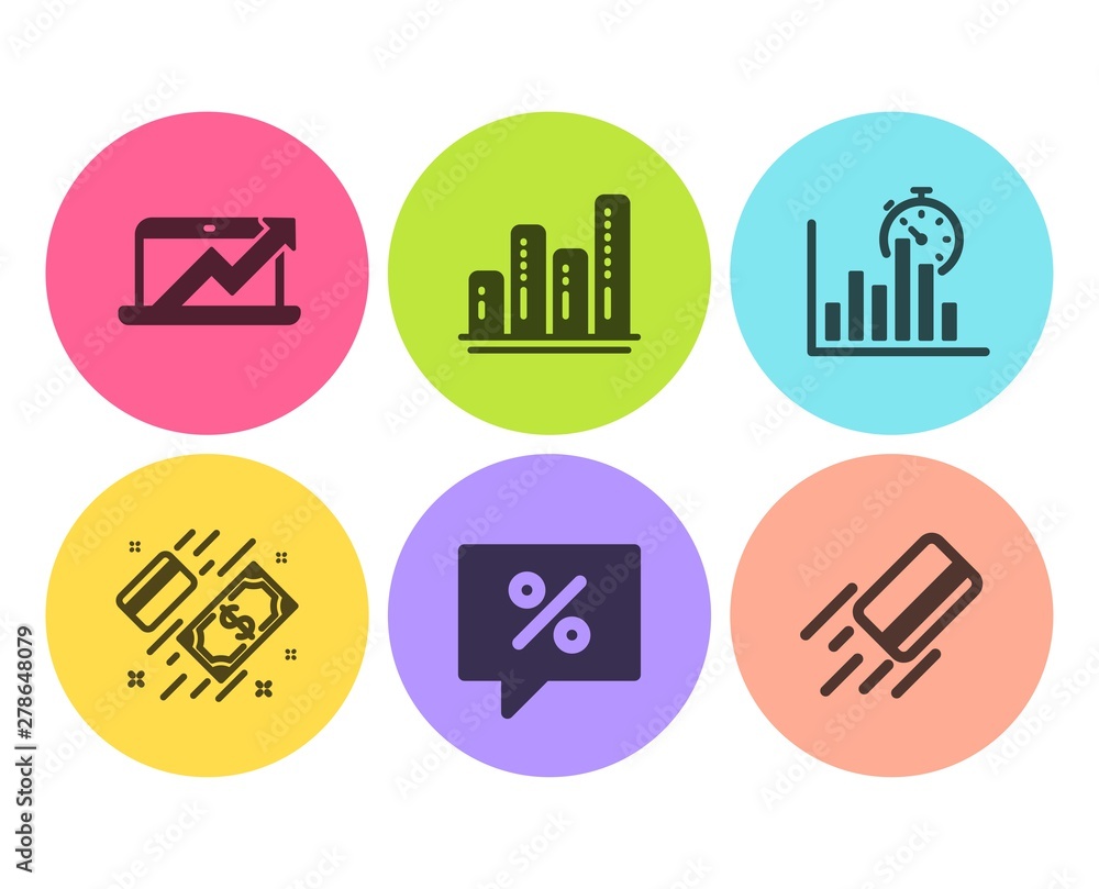 Poster sales diagram, payment and graph chart icons simple set. discount message, report timer and credit c