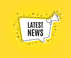 Latest news symbol. Megaphone banner. Media newspaper sign. Daily information. Loudspeaker with speech bubble. Latest news sign. Marketing and advertising tag. Vector